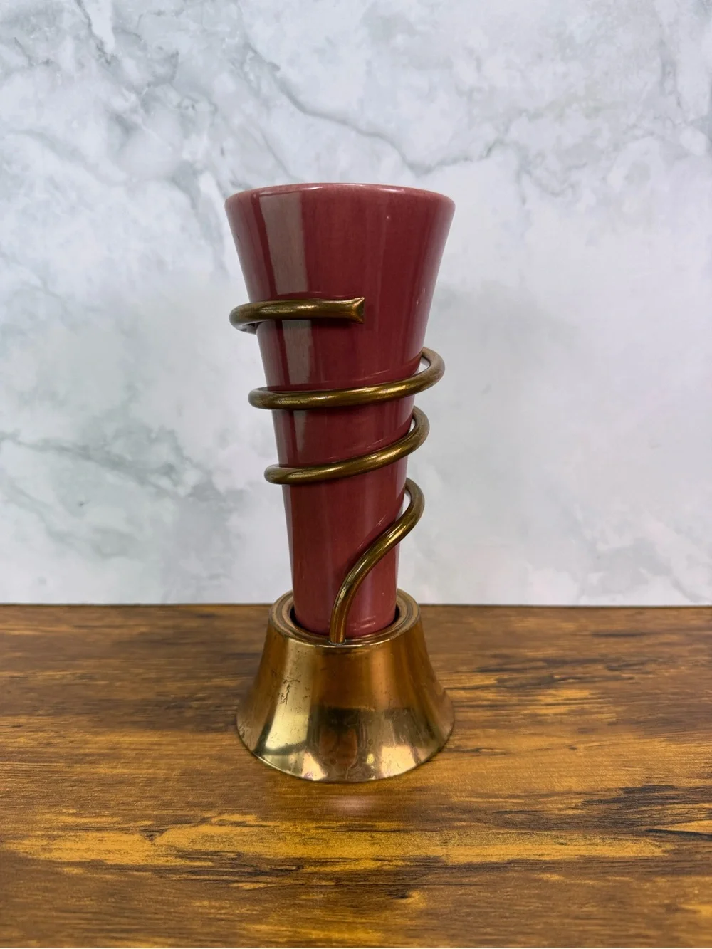 Vintage Alcor California Art Ware Dusty Rose Pottery Vase Copper Spiral MCM Rare